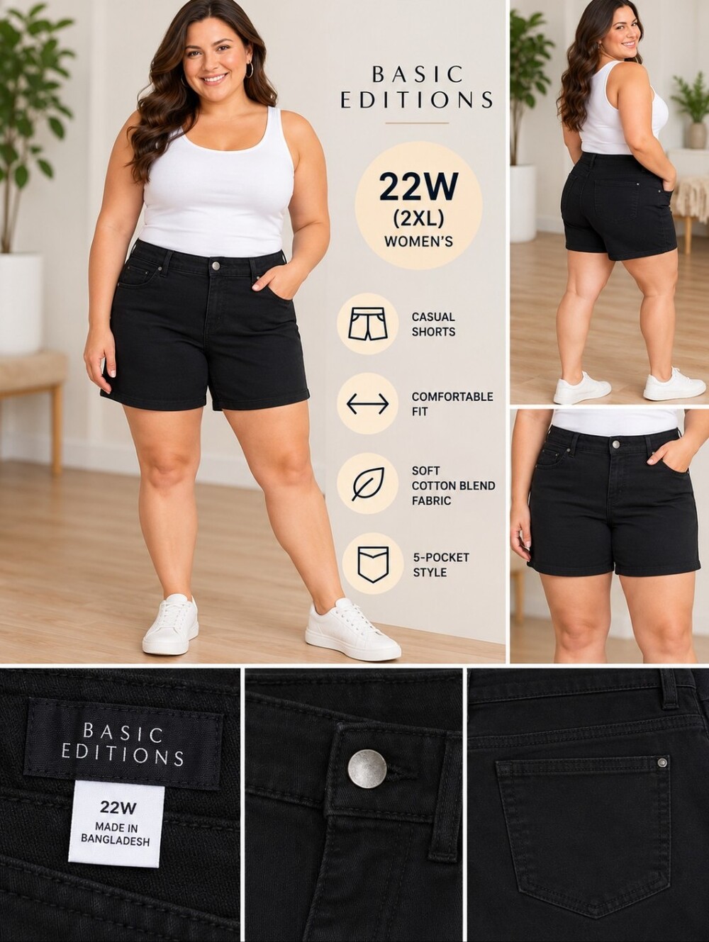 Basic editions Women's 22W black casual shorts #38